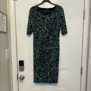 Connected Apparel Teal and Black Midi Ruched Dress